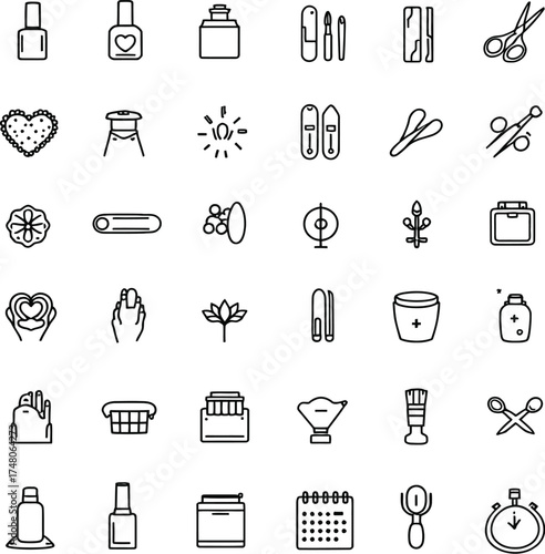 Beauty and personal care icon set in black line art featuring makeup tools, skincare items, hearts, flowers, and grooming symbols