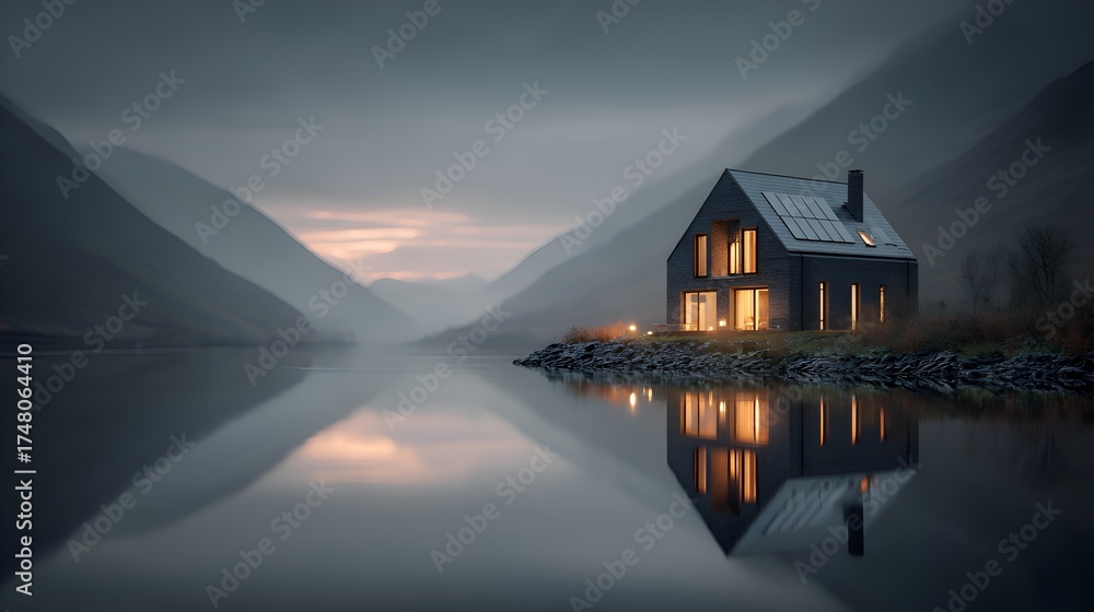 Fototapeta premium Tranquil lake reflects cozy cabin led between mountains under a dusky sky in peaceful countryside.