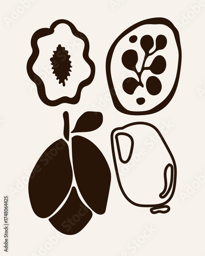 Abstract Contemporary Modern Art Canvas. Minimalist Moody Fruit Plant Contour Drawing. Monochrome Poster Surface. Card Print Composition Pattern. Banner Background Dark Color Abstract Contour Texture
