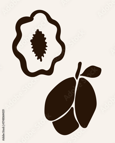 Abstract Contemporary Modern Art Canvas. Minimalist Moody Fruit Plant Contour Drawing. Monochrome Poster Surface. Card Print Composition Pattern. Banner Background Dark Color Abstract Contour Texture