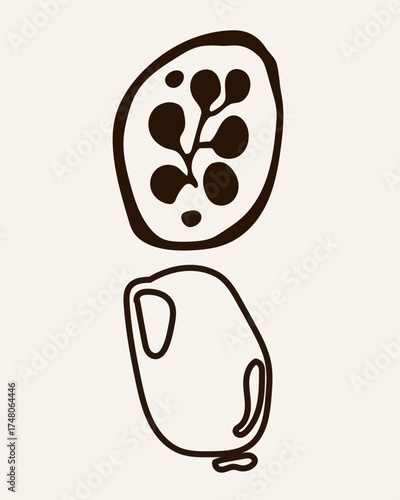 Abstract Contemporary Modern Art Canvas. Minimalist Moody Fruit Plant Contour Drawing. Monochrome Poster Surface. Card Print Composition Pattern. Banner Background Dark Color Abstract Contour Texture