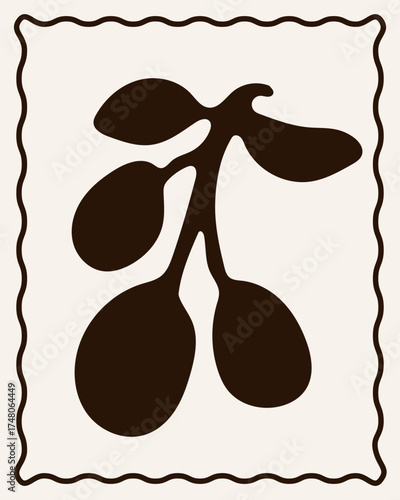 Abstract Contemporary Modern Art Canvas. Minimalist Moody Fruit Plant Contour Drawing. Monochrome Poster Surface. Card Print Composition Pattern. Banner Background Dark Color Abstract Contour Texture