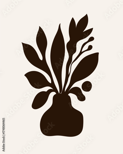 Abstract Contemporary Modern Art Canvas. Minimalist Moody Flower Plant Contour Drawing. Monochrome Poster Surface. Card Print Composition Pattern. Banner Background Dark Color Abstract Contour Texture
