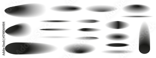 Set of shadow effects. Realistic overlay and transparent shadows. Realistic soft grey shapes. Divider lines, round and oval shades. Transparent background. Vector illustration.