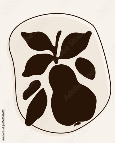 Abstract Contemporary Modern Art Canvas. Minimalist Moody Pear Fruit Contour Drawing. Monochrome Poster Surface. Card Print Composition Pattern. Banner Background Dark Color Abstract Contour Texture