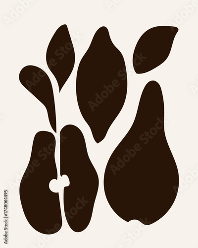 Abstract Contemporary Modern Art Canvas. Minimalist Moody Pear Fruit Contour Drawing. Monochrome Poster Surface. Card Print Composition Pattern. Banner Background Dark Color Abstract Contour Texture