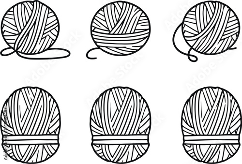 Yarn ball and skein icon set in black and white line art showing wrapped and loose thread styles for crafting and design use