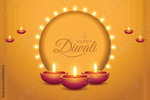 Happy Diwali with Oil lamp, Decorated Diya, Rangoli, Background, Diwali celebration greeting card, abstract vector illustration design