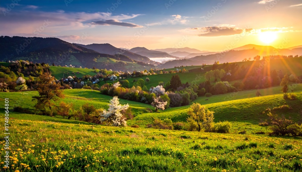 Obraz premium Rolling hills at sunset, vibrant spring colors