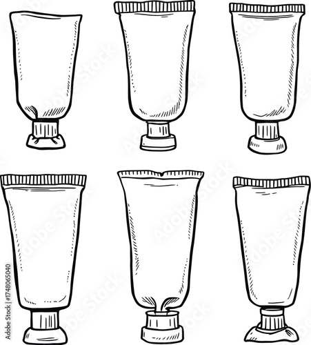 Hand-drawn tube icon set in black and white showing squeezed containers for toothpaste, paint, cream, and packaging design