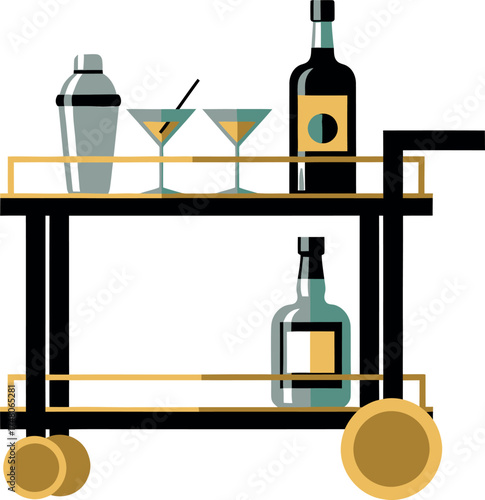Retro Bar Cart with Cocktails and Spirits