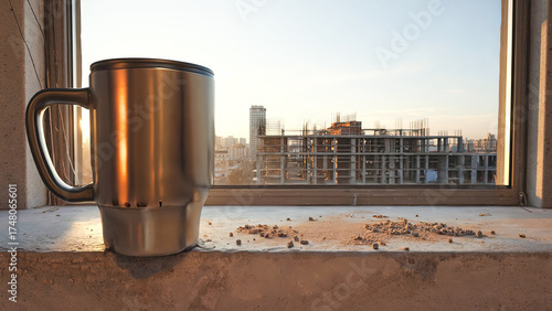 Metal travel mug with lid on dirty windowsill overlooking construction site and cityscape at sunset. Reflection of sun on a coffee cup.