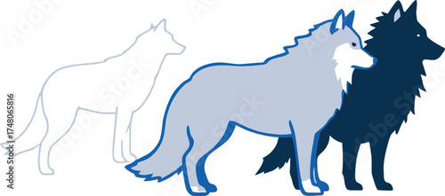 Stylized wolf silhouette set with gradient blue tones, side profile animal shapes for wildlife, nature, and design themes