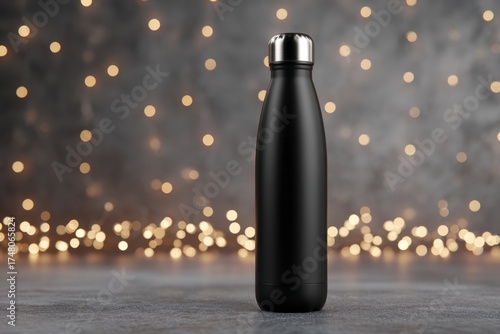 Sleek Black Stainless Steel Bottle Against a Bokeh Background