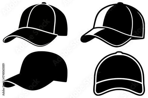 Baseball Caps Silhouette Set Stylish Headwear Design for Various Uses, Ready for Apparel Design