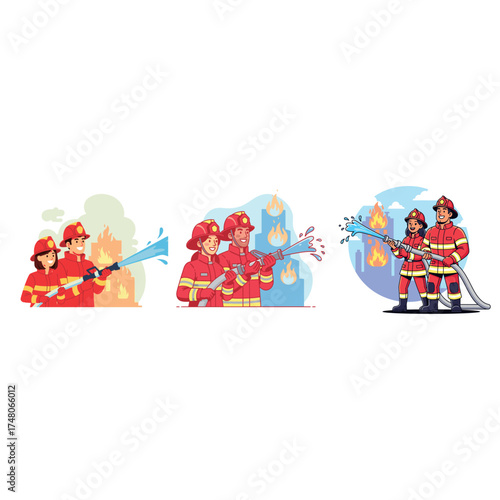 Three illustrations of firefighters in action, battling flames with water hoses in different scenarios.