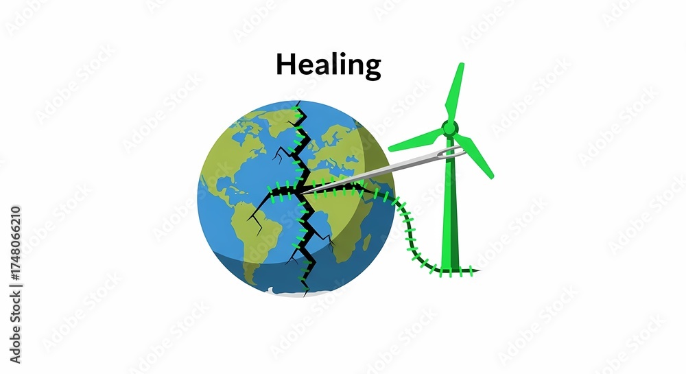 Naklejka premium Illustration of Wind Turbine Repairing a Cracked Earth Globe Symbolizing Environmental Healing and Renewable Energy Solutions