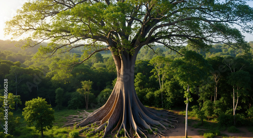 Large baobab tree with visible roots standing in green forest. Old giant tree in natural environment for ecological preservation and nature awareness campaigns