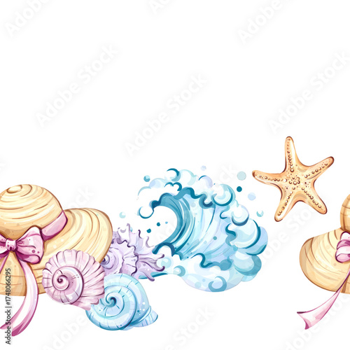 Seamless pattern wallpaper background featuring summer vacation elements like beach hats, seashells, and ocean waves, ideal for festive occasions and commercial use