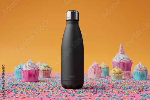 Stylish Black Insulated Water Bottle Against Colorful Dessert Background