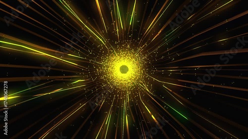 Multicolored light rays coming from a central point. A bright burst or explosion of light, with streaks of yellow and green.