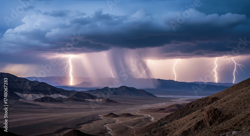 Lightning storm over desert mountains with dramatic clouds and multiple strikes. Extreme weather event in arid landscape for climate studies and natural phenomena education campaigns