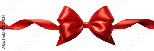 Shiny red satin ribbon tied into a perfect bow with a long flowing tail isolated on transparent background