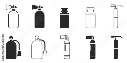 Set of gas cylinder and welding torch icons for industrial safety and equipment needs. Ideal for illustrating safety protocols, construction processes, and technical equipment.