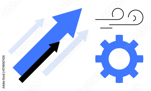 Blue arrow pointing upward with a gear icon and wind lines. Ideal for growth, progress, innovation, productivity, business, evolution, and breakthrough concepts in a simple flat metaphor