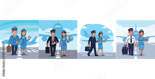 A cartoon illustration showing pilots and flight attendants in various poses near an airplane.