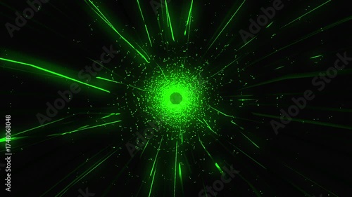 Multicolored light rays coming from a central point. A bright burst or explosion of light, with bands of green colors.