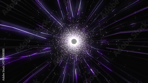 Multicolored light rays coming from a central point. A bright burst or explosion of light, with streaks of purple and white.