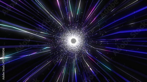 Multicolored light rays coming from a central point. A bright burst or explosion of light, with streaks of blue, purple, and pink.