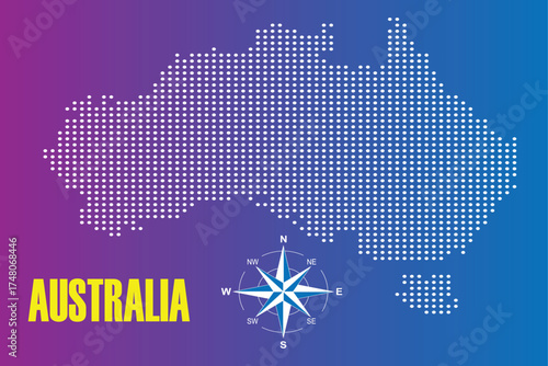 Australia dotted map vector illustration with a compass rose on a blue and purple gradient background.