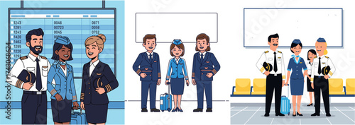 Three panels show pilots and flight attendants in uniform at the airport.