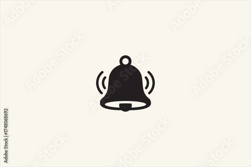 Flat vector illustration of a black ringing bell icon on a white background. Simple minimalist design with clean lines and vibration marks indicating sound or notification.