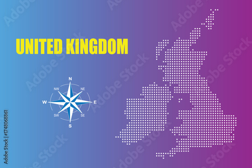 United Kingdom dotted map vector illustration with a compass rose on a modern blue and purple gradient background.