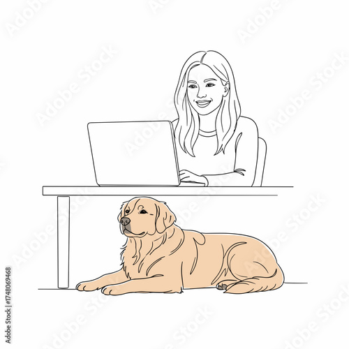 Woman working on laptop while sitting at desk with dog nearby  