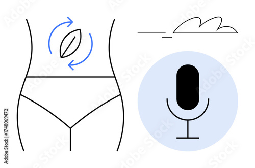 Minimalist body outline with arrows, leaf symbolizing digestion, microphone indicating communication, and cloud accent. Ideal for wellness, health, digestion, eco-lifestyle, mindfulness technology