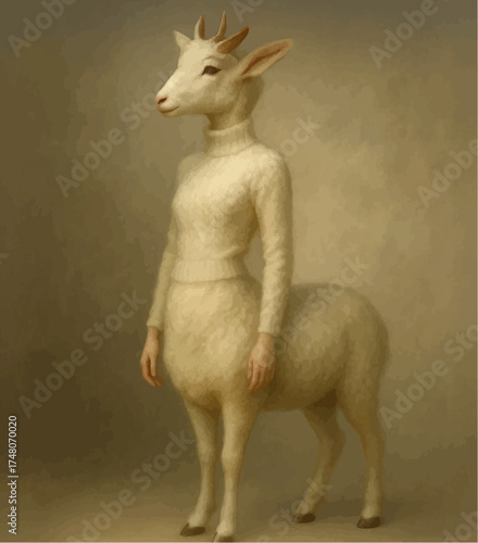 Human–Goat Hybrid in White Wool Sweater – Surreal Fine Art Portrait