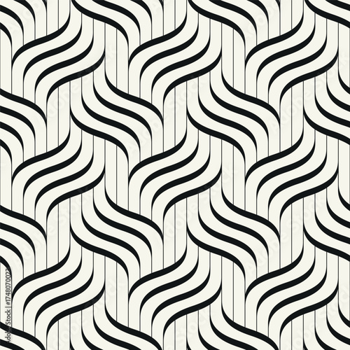 Seamless pattern with geometric wave lines. Endless stylish texture featuring a ripple monochrome background and a linear woven grid. Bold interlaced vector swatch.