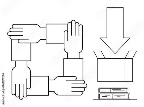 Four hands forming a square symbolizing teamwork, with an arrow pointing to an open box representing knowledge and resource sharing. Ideal for teamwork, collaboration, learning, donation, logistics