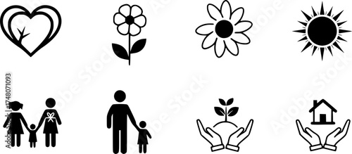 Minimalist family and care icons featuring heart, flower, and sun themes
