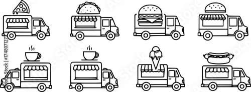 Food truck outlines featuring pizza, tacos, burgers, coffee, ice cream, and more
