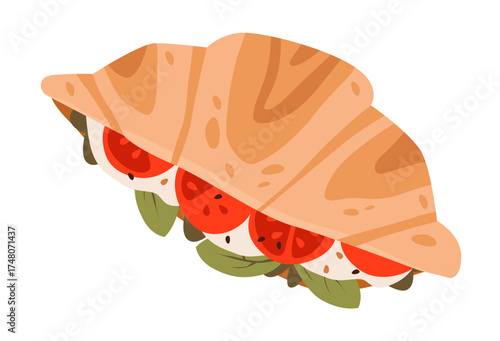Flat vector illustration of a croissant breakfast with fresh vegetables and mozzarella,. Perfect for cafe menus, healthy eating, and morning lifestyle concepts.