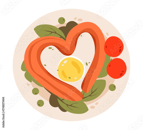 Flat vector illustration of a healthy omelette breakfast with sausage, tomato, and greens.