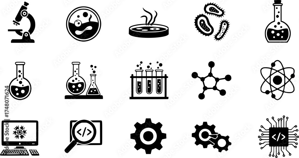 Fototapeta premium Science and technology icon set: microscopic, chemical, and digital elements in silhouette style 