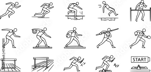 Minimalist icons depicting athletic track and field events in linear style
