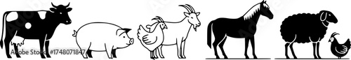 Minimalist farm animals icon set featuring cow, pig, goat, chicken, horse, and sheep

