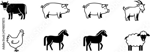 Minimalist farm animals icon set featuring cow, pig, goat, chicken, horse, and sheep
